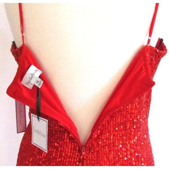 Designer Premier Amour Red Sequin Midi Length Spaghetti Strap Pencil Dress 16.R - Picture 9 of 16